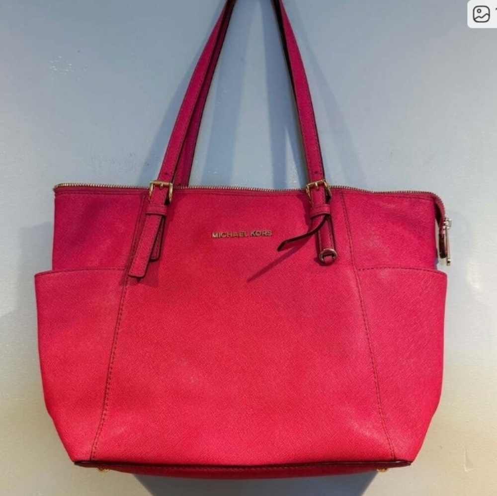 Michael Kors Charlotte Large Hot Pink Fuchsia Tote Bag Jet Set Purse Magenta - Picture 7 of 8